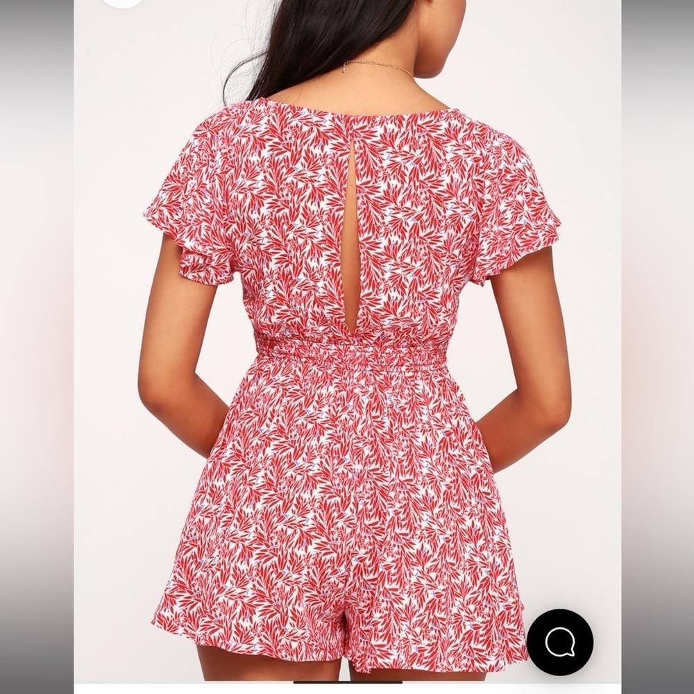 Lulu’s Dondi Red and White Print Tie-Front Short Sleeve Romper - Picture 4 of 11